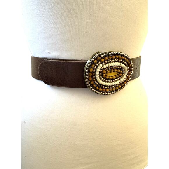 Brown Leather Belt Beaded Oval Buckle Boho Western Tribal Statement Accessory M - Picture 6 of 7